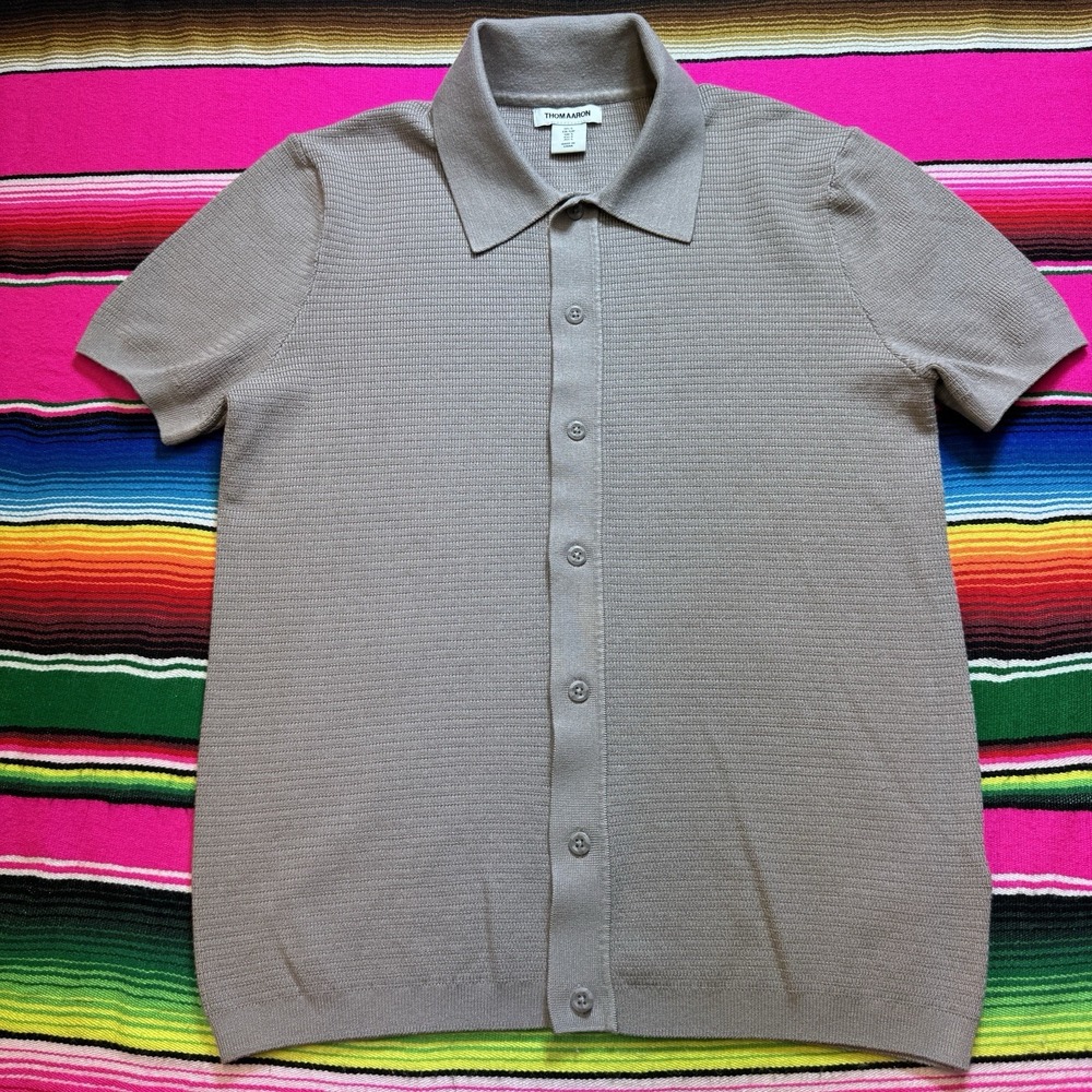 Thom Aaron Sweater Polo Shirt Men‎ S Taupe Button Up Rayon Blend Short Sleeve